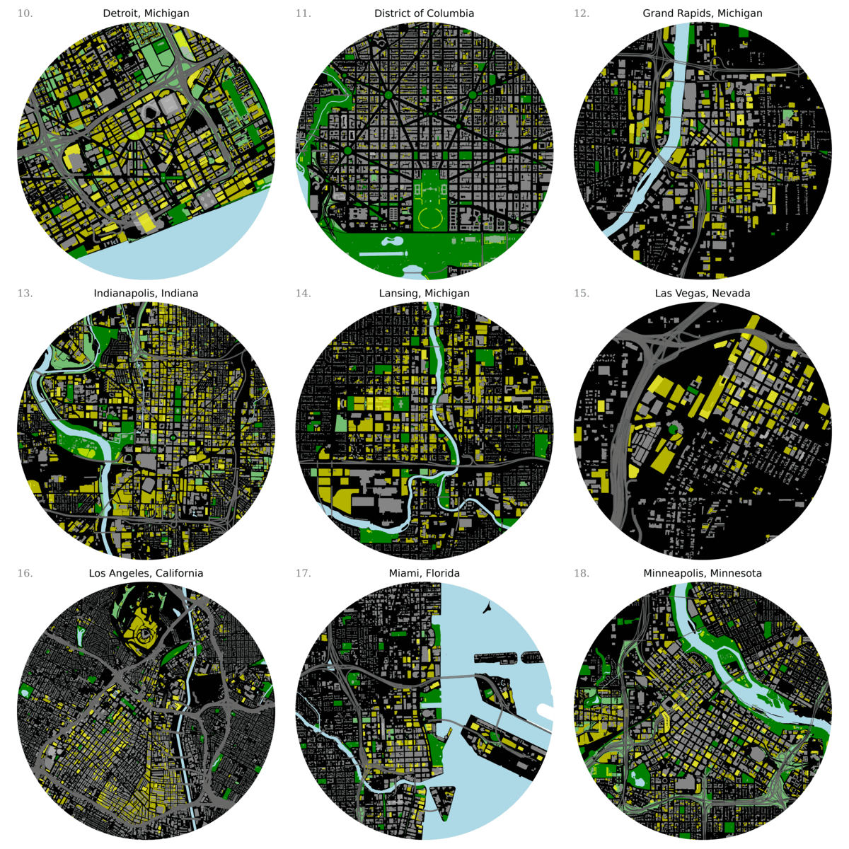🗺️ Comparative analysis and visualization of parking and park footprints across 33 urban downtowns<br>[U.S.A. Park and Parkings | Data from OSM]
